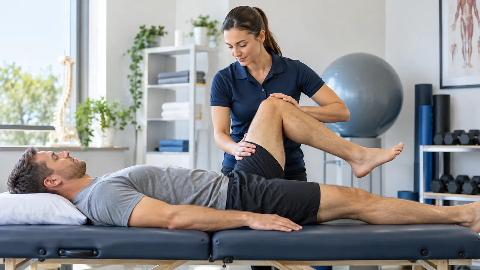 Fisioterapeuta a fazer um exercício de mobilização da perna a um paciente na marquesa