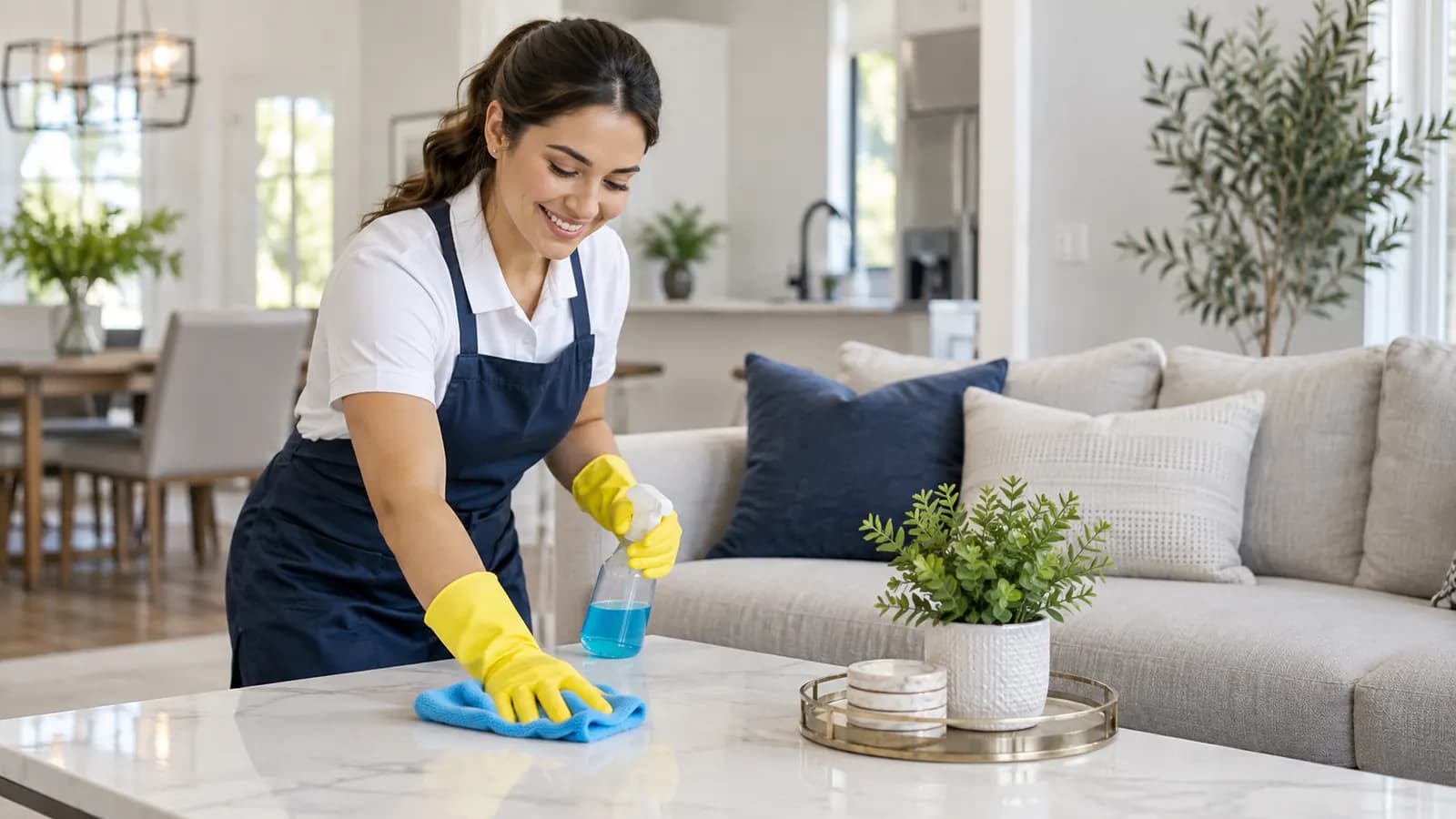 Profissional de limpeza com luvas amarelas a limpar a mesa de uma sala de estar
