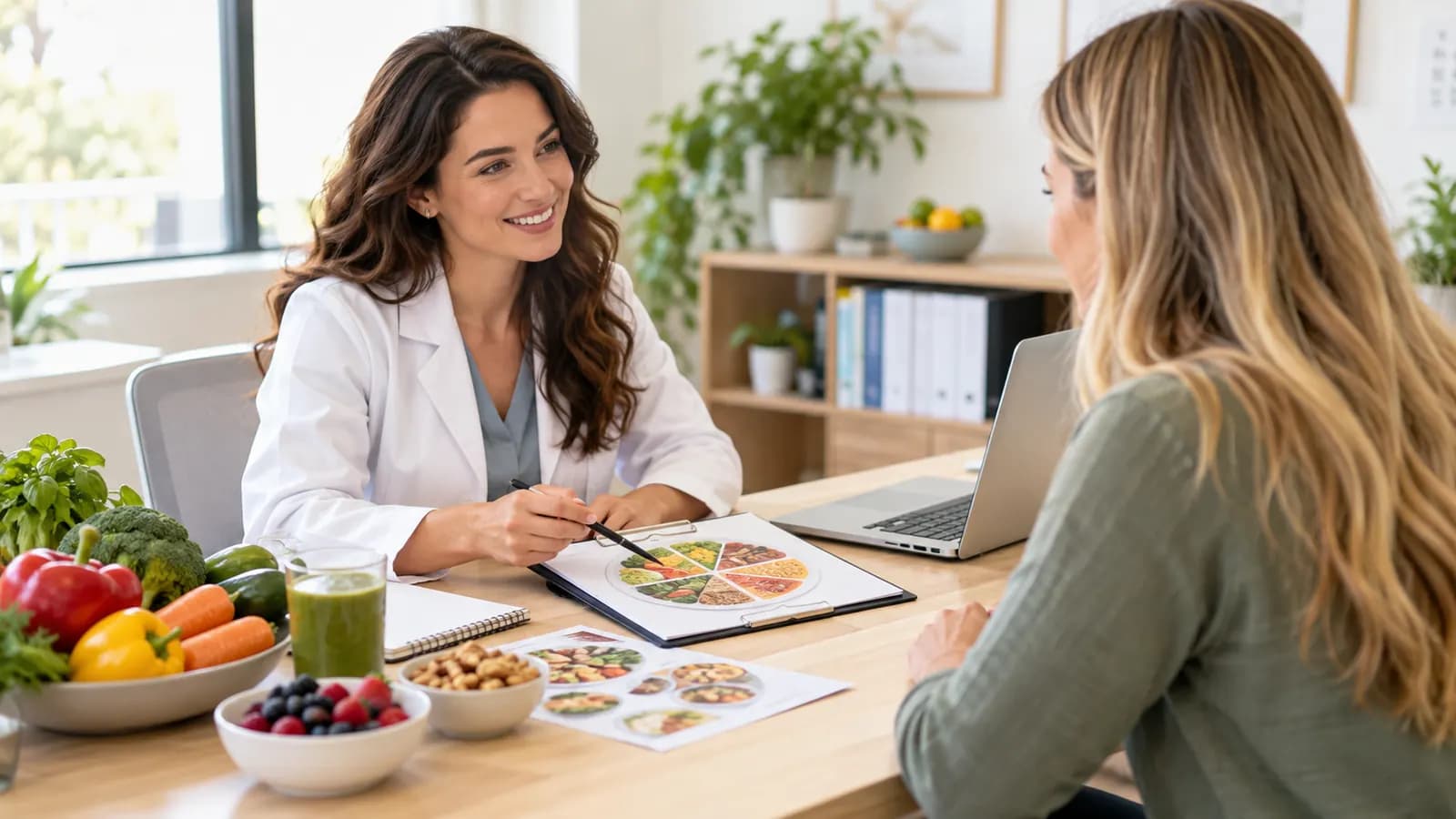 Nutricionista a explicar um plano alimentar a uma cliente, numa mesa com fruta e legumes