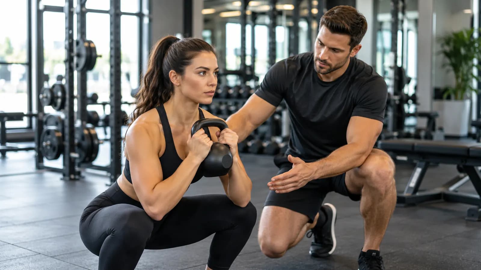 Personal trainer a corrigir o agachamento de uma aluna com um kettlebell no ginásio